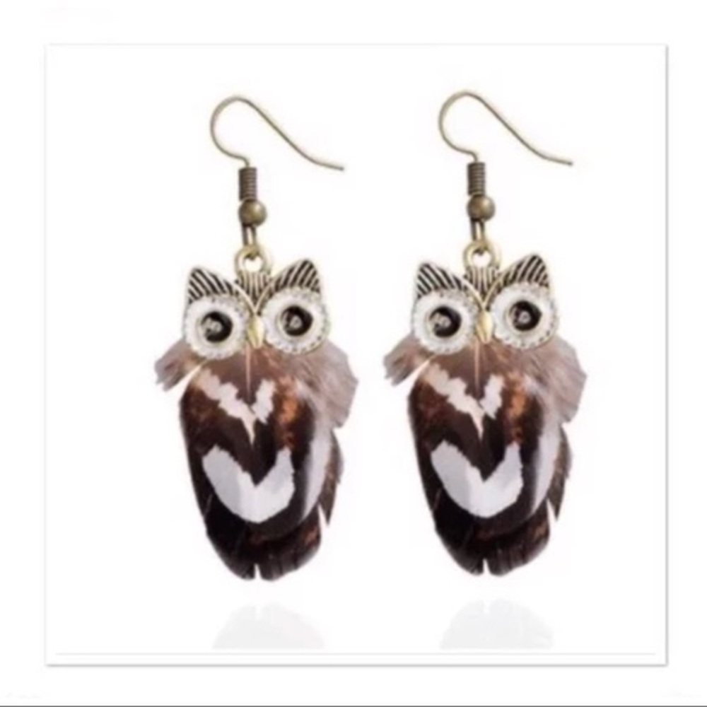 Brand New Feather Owl Earrings
